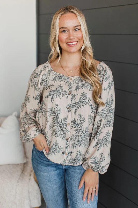 First & Foremost Floral Button Top- Light Taupe