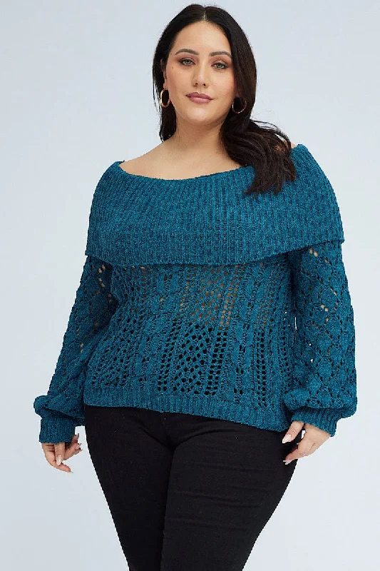 Teal Boho Off Shoulder Knit