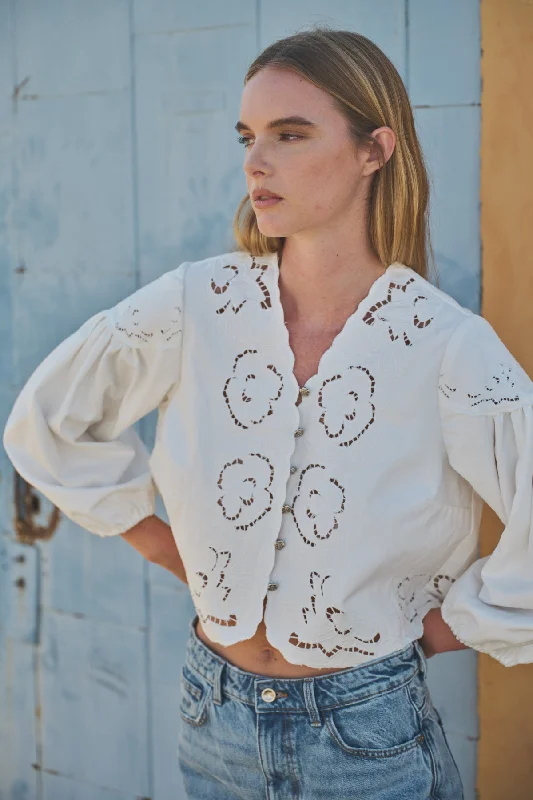 Julie Long Ballon Sleeve Button Down Embroidered Denim Top White