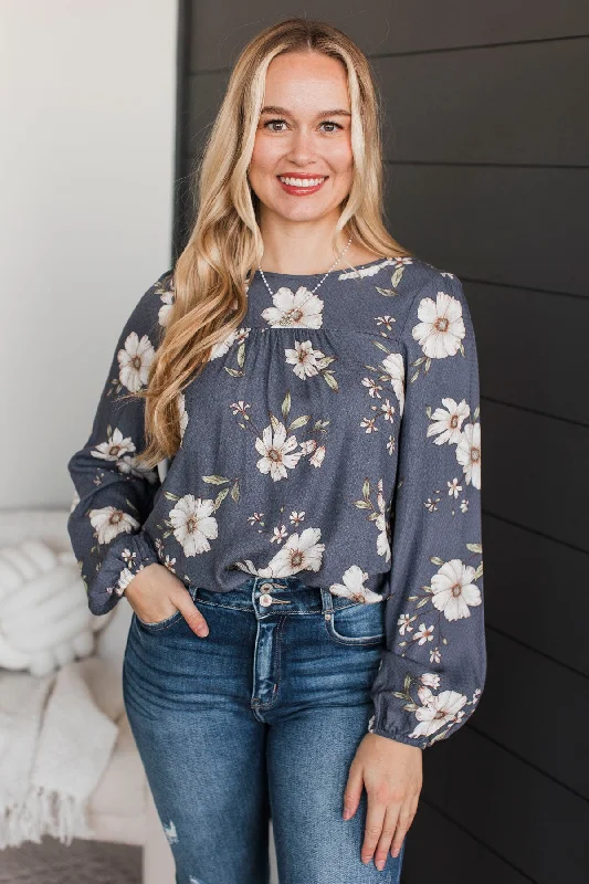 Feeling Amazing Floral Top- Dark Slate Blue