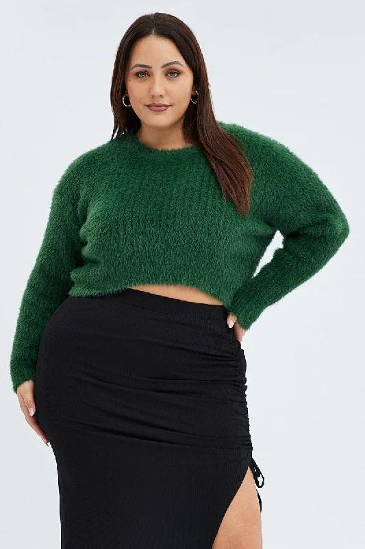 Green Fluffy Knit Long Sleeve Crop