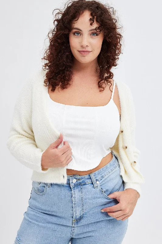 White Knit Cardigan Long Sleeve Fluffy