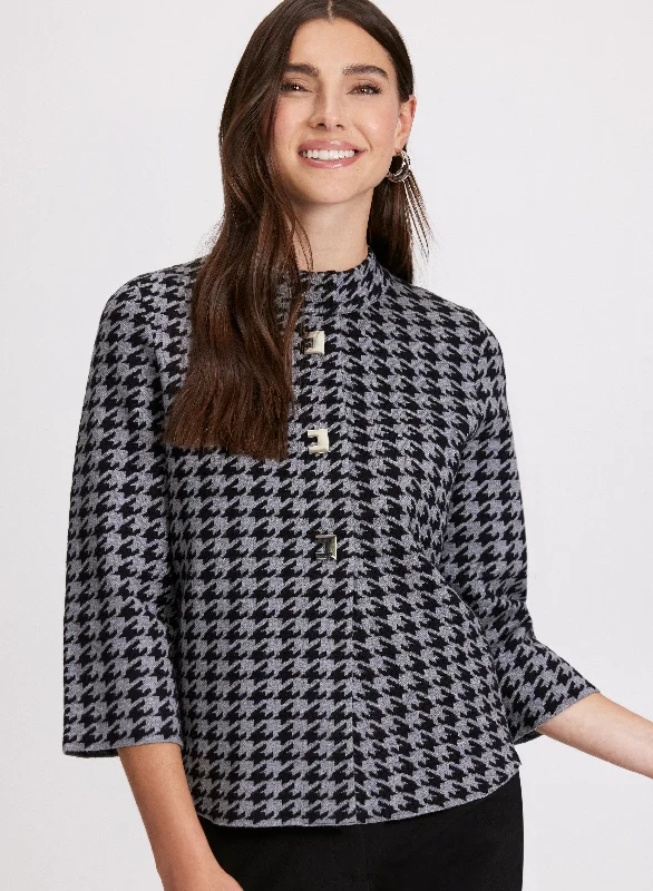 Houndstooth Print Mock Neck Cardigan