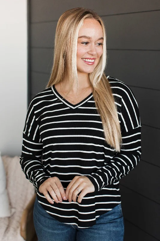 Sheer Joy Long Sleeve Striped Top- Black