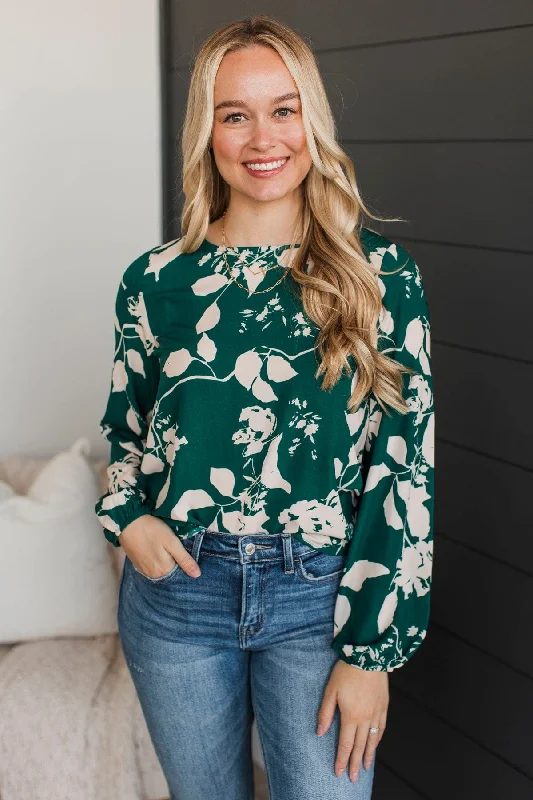 Romantic Feelings Floral Blouse- Forest Green & Ivory