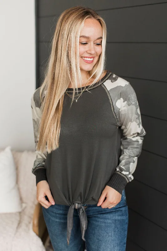 Giving It All Raglan Top- Dark Grey Camo