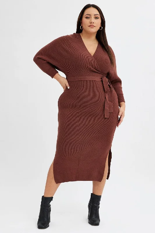 Brown Knit Dress Long Sleeve Rib Cross Front