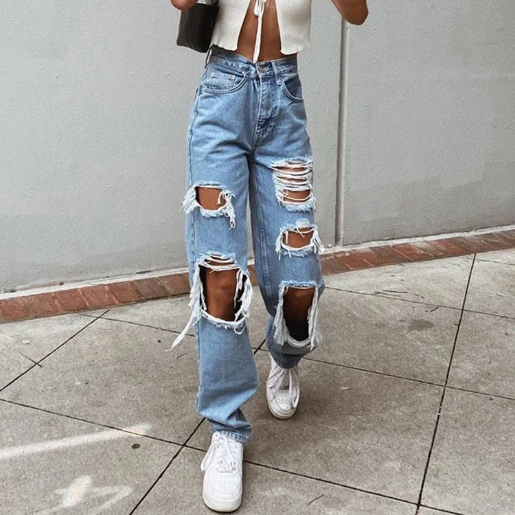 FashionSierra - High Waist Loose Comfortable Ripped Jeans Women Pants Sexy Fashion Boyfriend Denim Pencil Pant