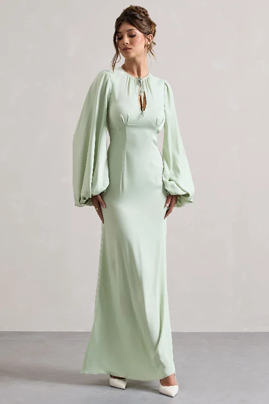 Wild Rose | Light Green Puff-Sleeve Cut-Out Maxi Dress