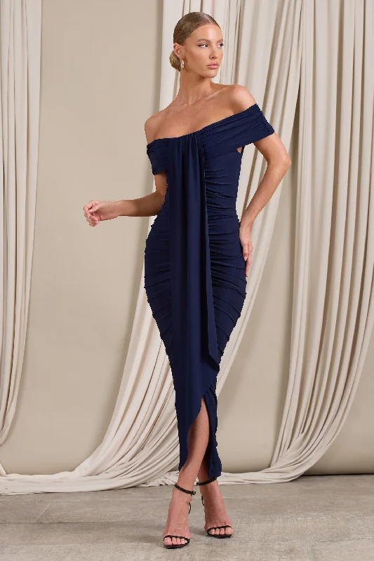 Camrin | Navy Ruched Bardot Maxi Dress With Train Detail