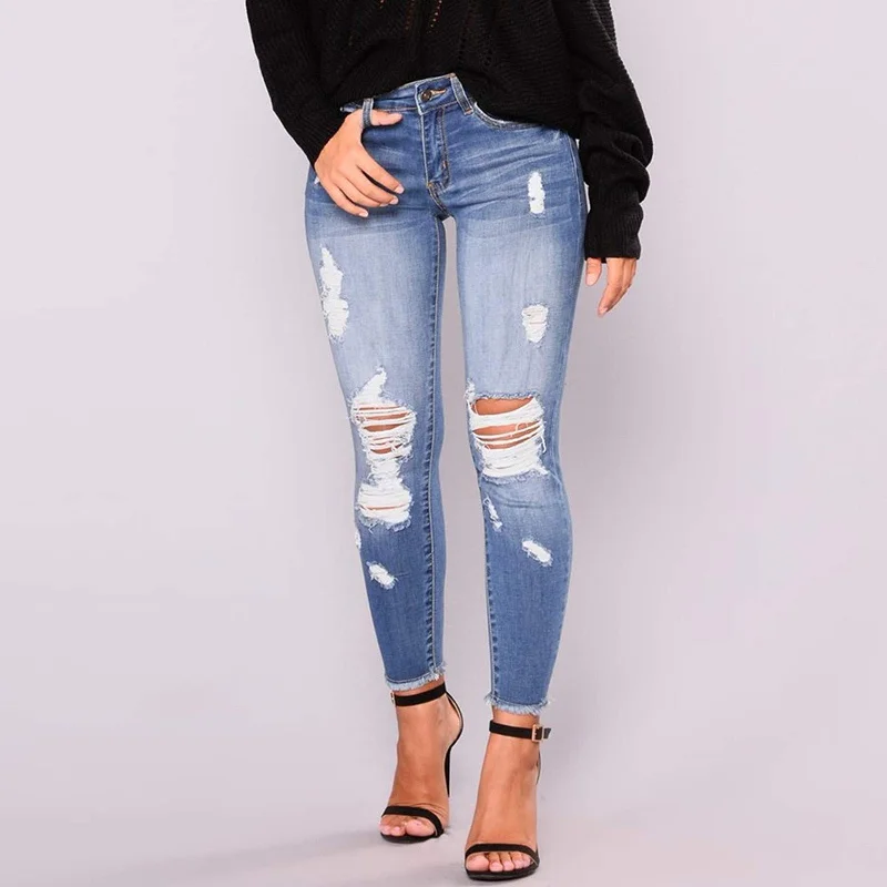 FashionSierra - Women's Stretchy Ripped Jeans Butt Lifting Distressed Denim Pants with Pockets Destroyed Pencil Jean