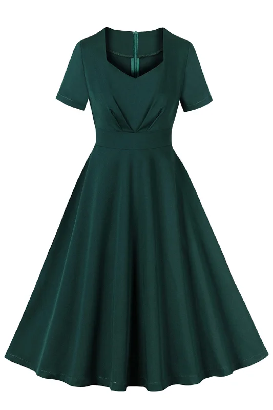 Dark Green Ruffled Short Sleeves 1950s Dress