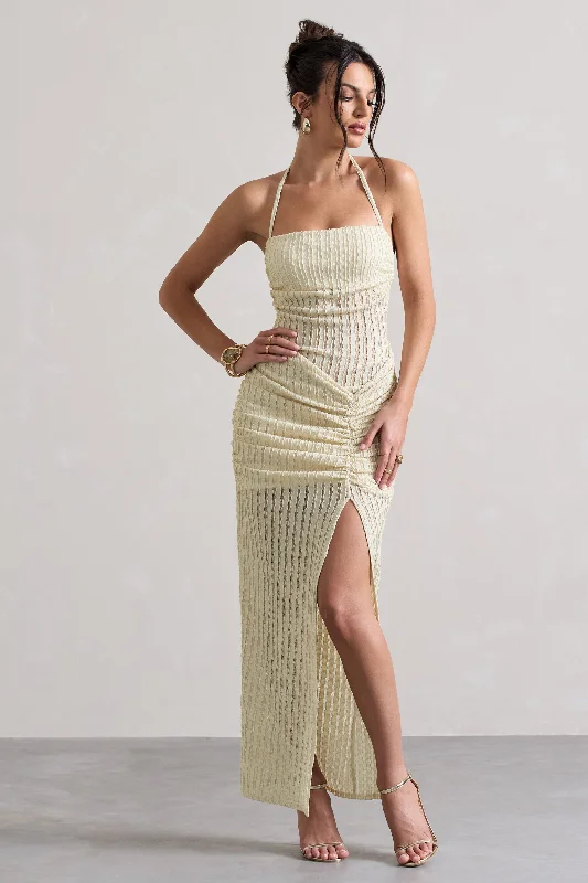 Amalfi | Ecru Textured Sheer Halter-Neck Maxi Dress