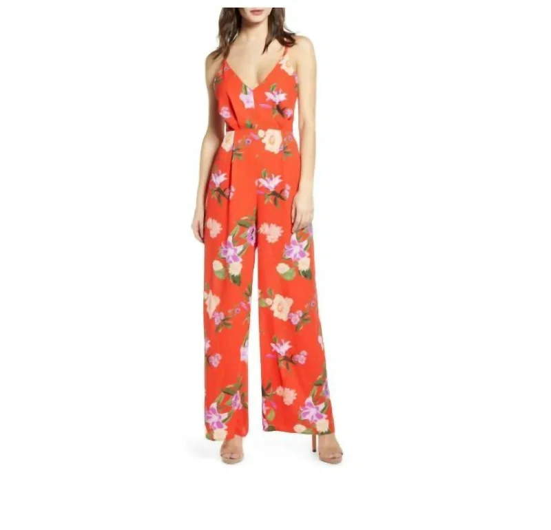 Floral Chiffon V Neck Strappy Back Wide Leg Jumpsuit In Red