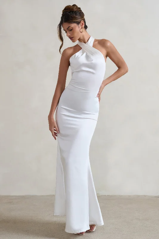 Unbeatable | White Satin Cross Over Halter-Neck Maxi Dress