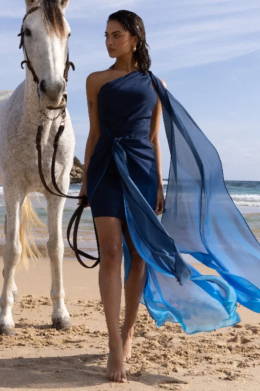 Faded | Blue Ombre One Shoulder Wrap Maxi Dress With Drape