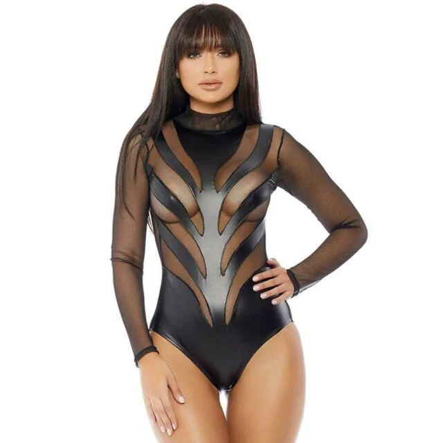 Shirley Long Sleeve Bodysuit Sheer Matte Cut Outs Faux Leather Zipper Back