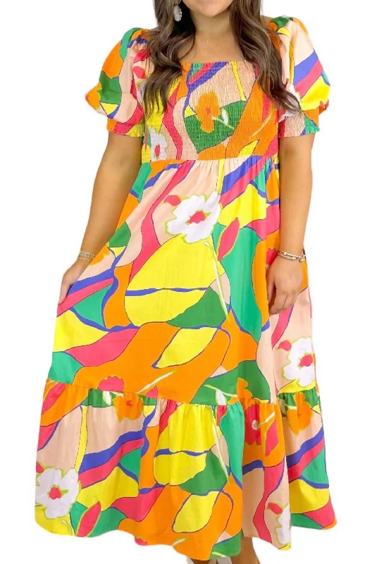 Abstract Midi Dress In Orange