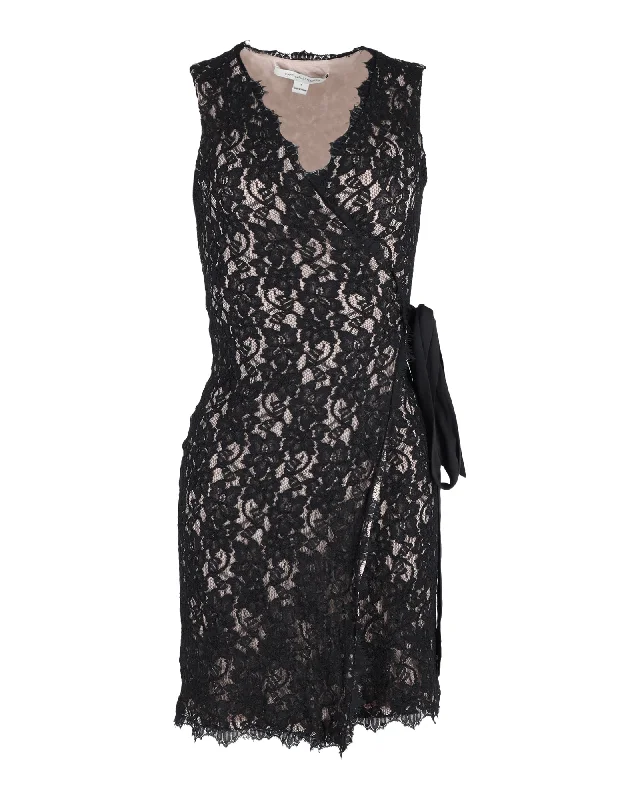 Diane Von Furstenberg Floral Lace Sleeveless Wrap in Black Rayon