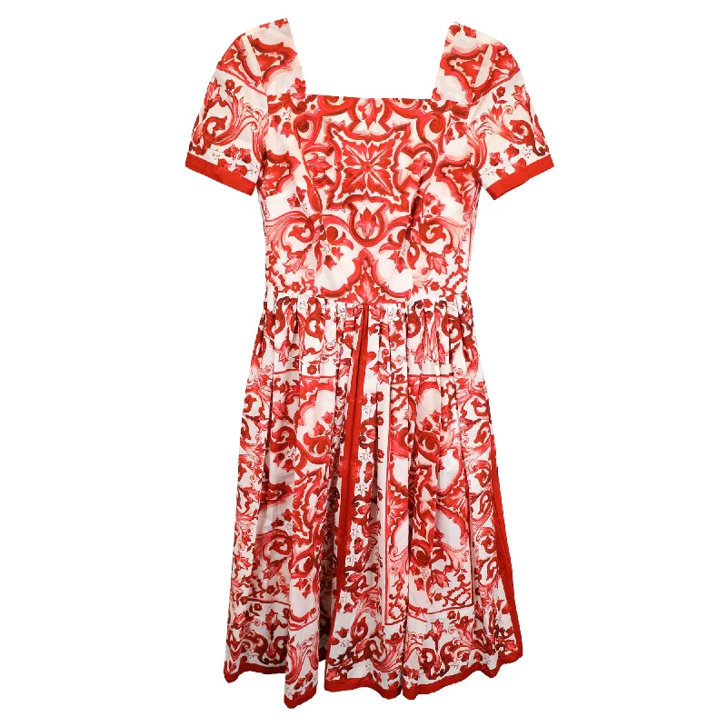 Dolce & Gabbana Majolica Printed Pleated Midi Dress in Red Cotton