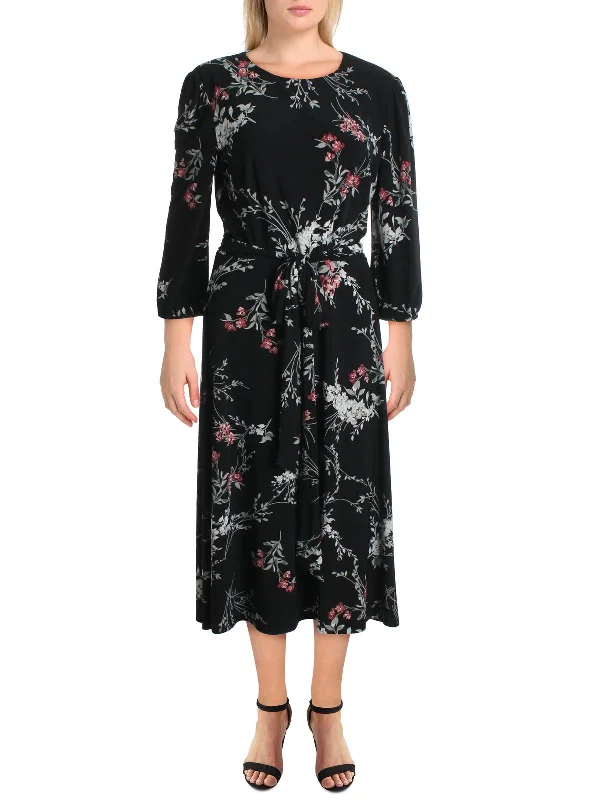 Felia Womens Puff Sleeve Floral Midi Dress