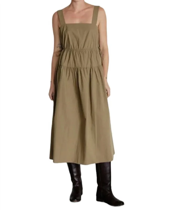 The Delilah Tiered Midi Dress With Side Drawstrings In Khaki