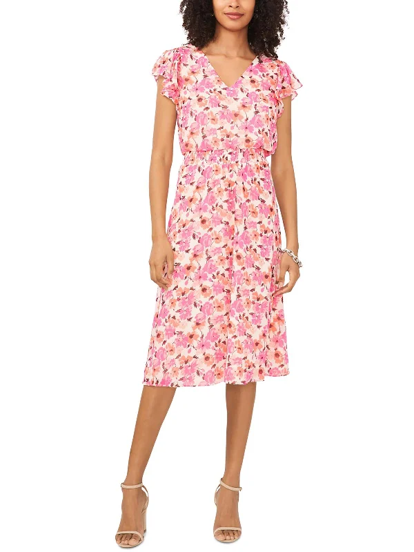 Womens Floral Print V-Neck Midi Dress