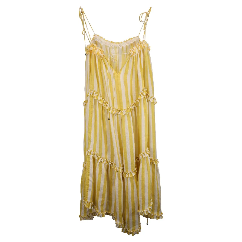 Zimmermann Lumino Asymmetric Ruffled Striped Midi Dress In Yellow Linen