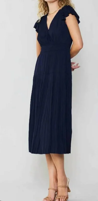 Sophia Flutter Sleeve Midi Dress In Navy