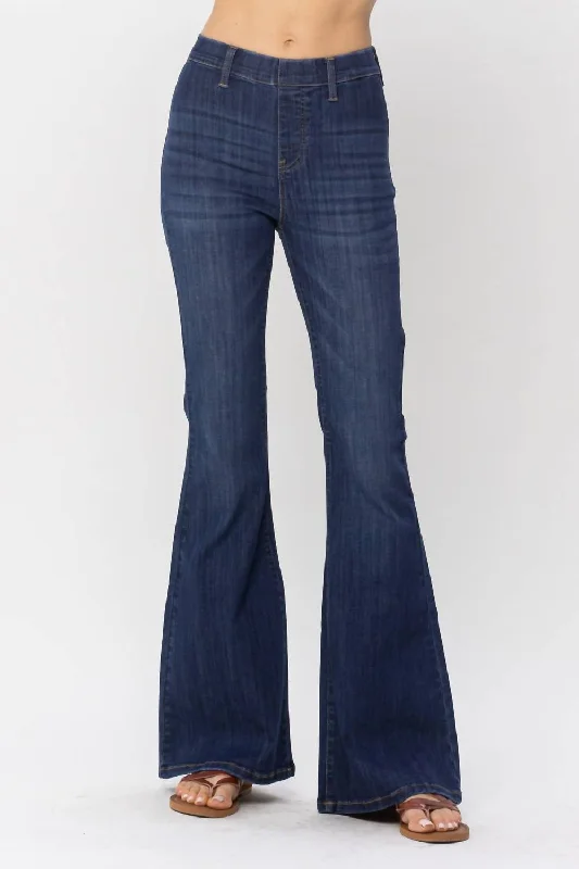 Flare Pull-On High Waist Flare Jeans In Dark Blue