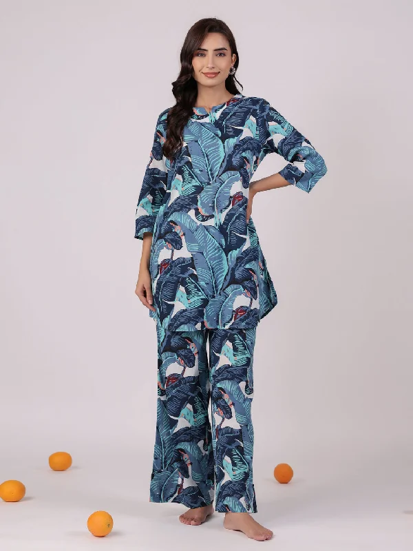 Blue Printed Cotton Night Suit Set