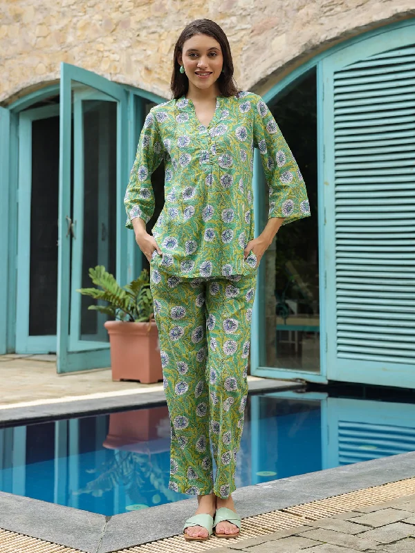 Green Floral Printed Cotton Night Suit Set