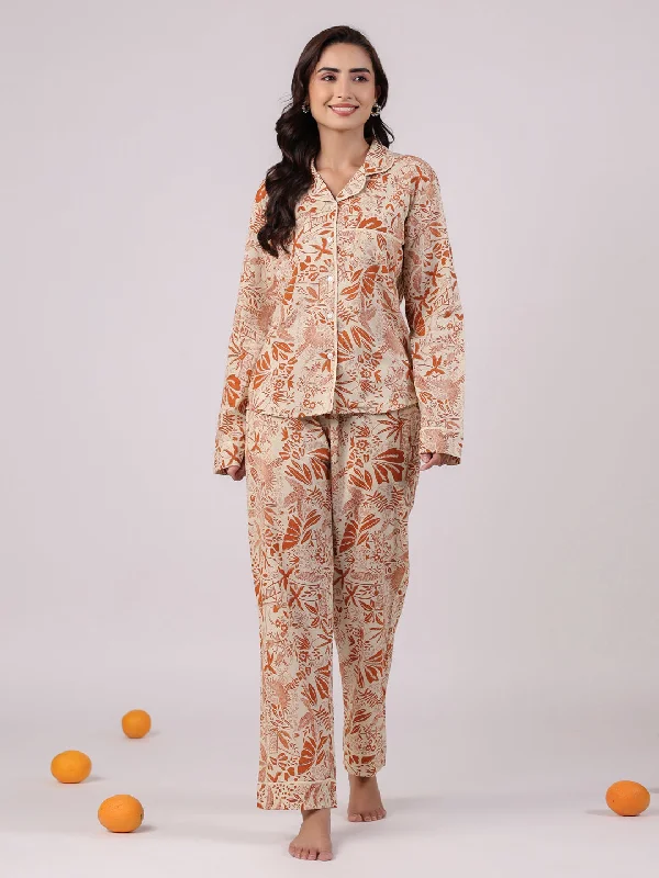 Orange Flower Printed Cotton Night Suit