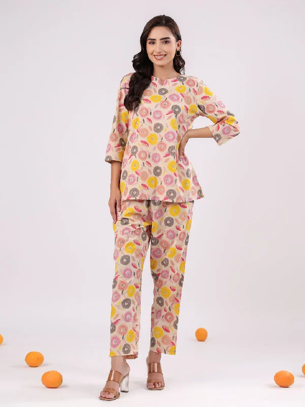 Pink Flower Printed Night Suit Set